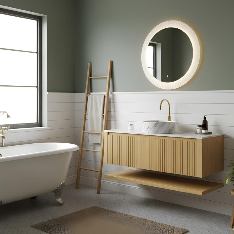Ensemble de meuble-lavabo mural 48 po avec tiroirs et tablettes ouvertes
