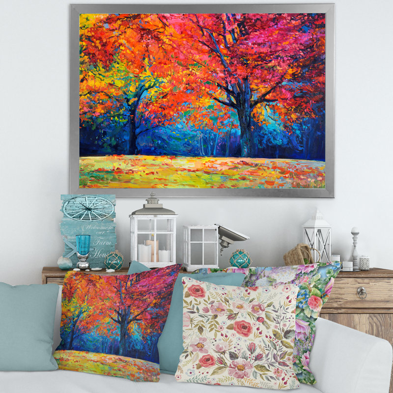 «Vibrant Red Tree in Autumn Landscape», peinture sur toile, Cadre photo argenté, H 12 po x l 20 po x p 1 po