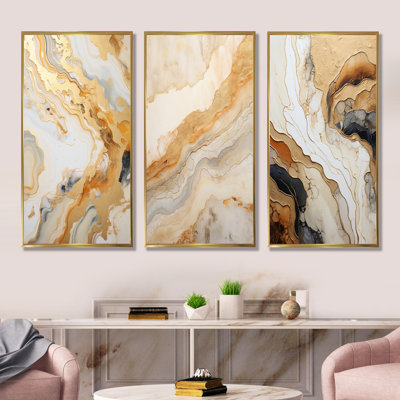 Gold And White Marble River - Abstract Marble Wall Decor Set Of 3