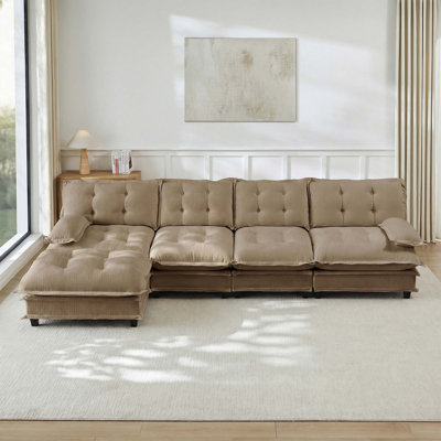 138 Inch L Shaped Modern Sofa With Ottoman, 4-Seat Chenille Deep Seat, Comfy Lattice Cushion, Light Coffee