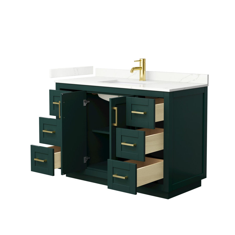 Ensemble de meuble-lavabo simple autoportant 48 po avec plateau en quartz Miranda, Quartz Giotto, Vert, Or brossé