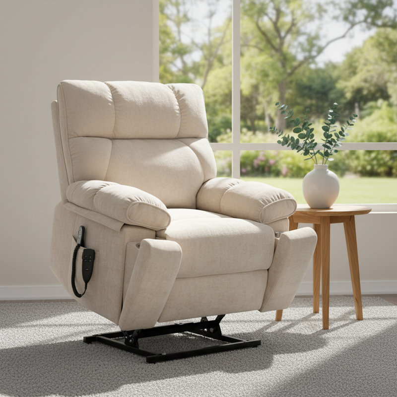 Dual Motor Power Lift Recliner With Heat And Massage, 350 Lbs Capacity, Hidden Cup Holders & Remote Control, Beige