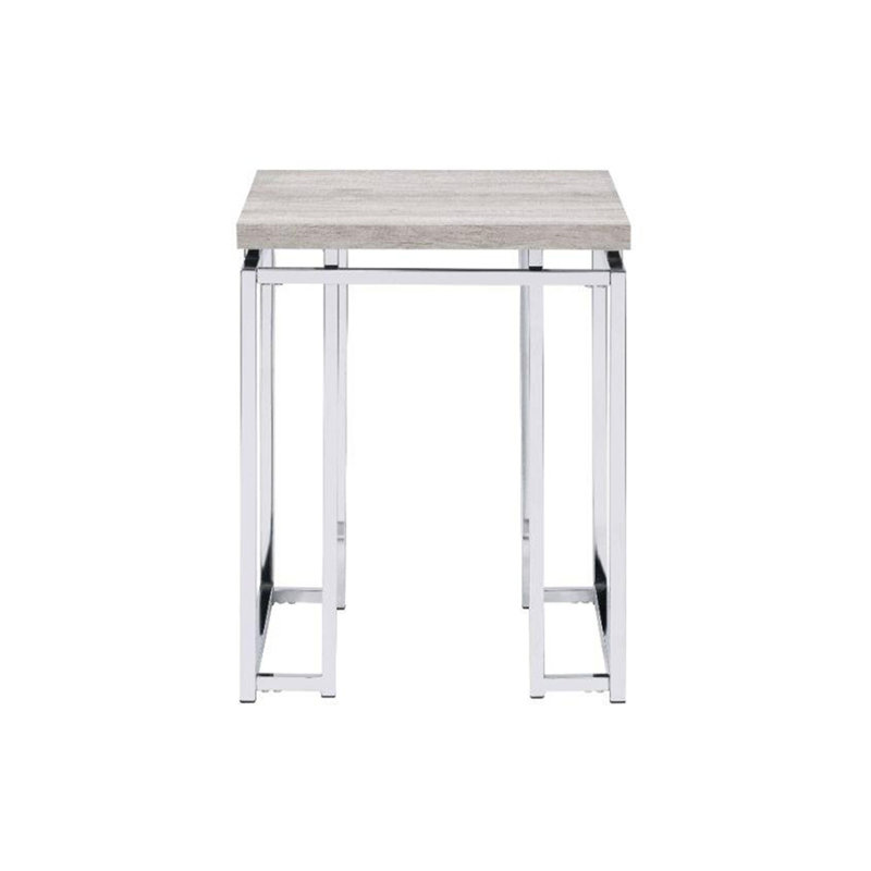 Table de bout carrée avec base en métal, chêne naturel et chrome