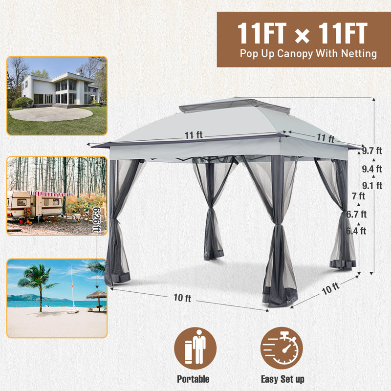 11 Ft. W x 11 Ft. D Pop Up Canopy Patio Gazebo with Mesh Wall, Gray