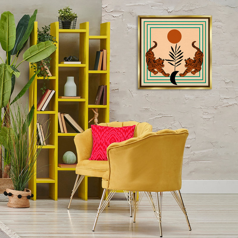 «Symmetric Tropical Tigers», art mural encadré par Melissa Wang, Cadre flottant métallique doré, H 25 po x l 25 po
