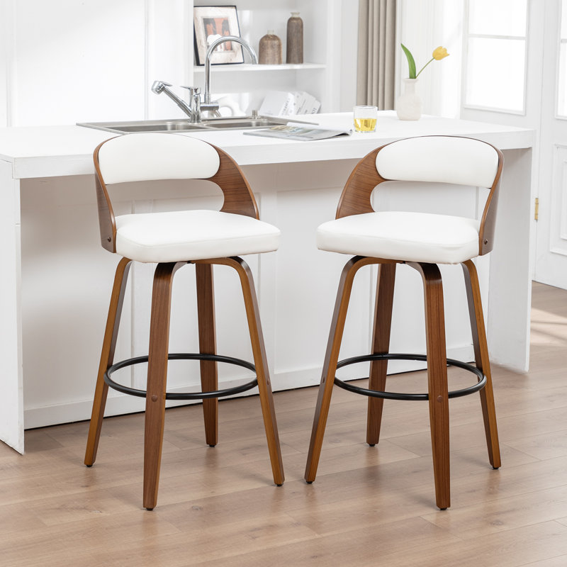 Swivel Upholstered and Faux Leather Bar Stool, White, Bar Stool (76.2cm Seat height)