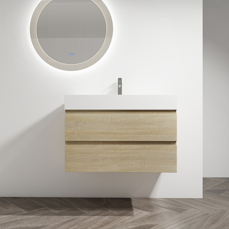 Meuble-lavabo mural avec lavabo en résine et 2 tiroirs à fermeture en douceur, Chêne clair