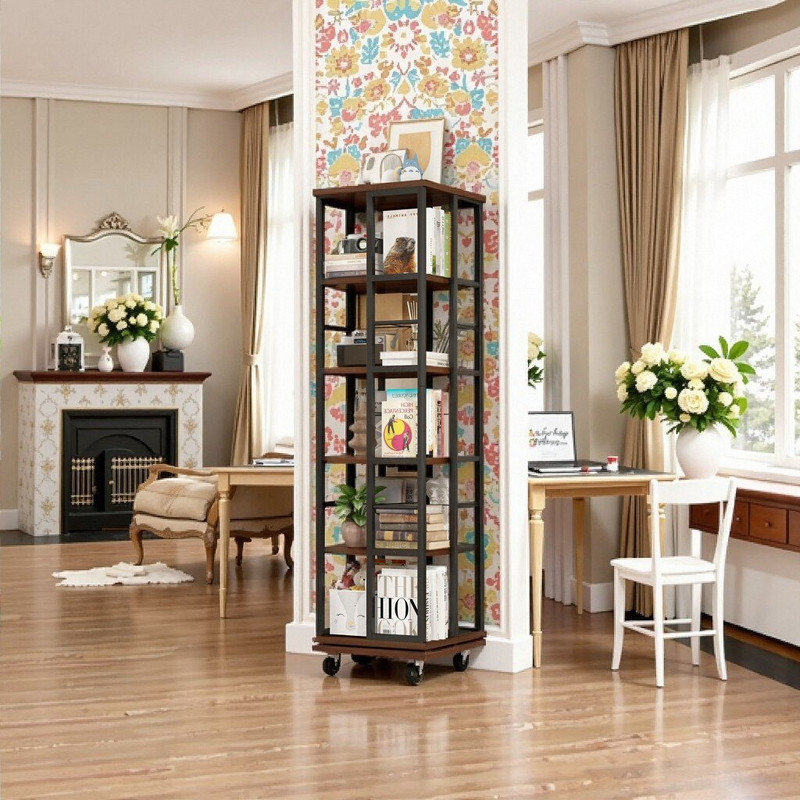 5-Tier Corner Bookshelf 360° Spinning Display Floor Standing Shelf, Wood & Metal Storage Organizer