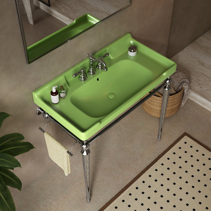 36" Bathroom Console Sink, Wall-Mounted Green Ceramic Vanity Basin With 3 Pre-Drilled Faucet Holes, Freestanding Stainless Steel Support Legs With Towel Bar, No Faucet & Sink Cover, Chrome Color