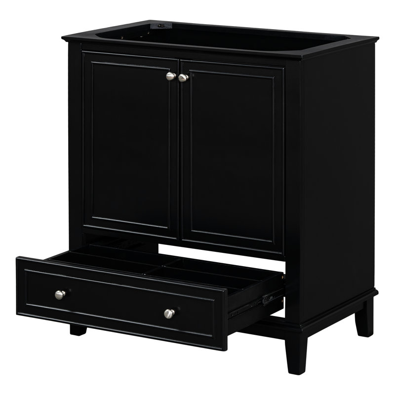 Base d'armoire de salle de bain noire 30 po, armoire en bois massif et planche, portes et tiroir, multifonction, tablette réglable, assemblage requis noir, fonctionnel requis