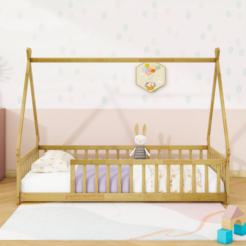 Lit simple en bois avec garde-corps, Naturel