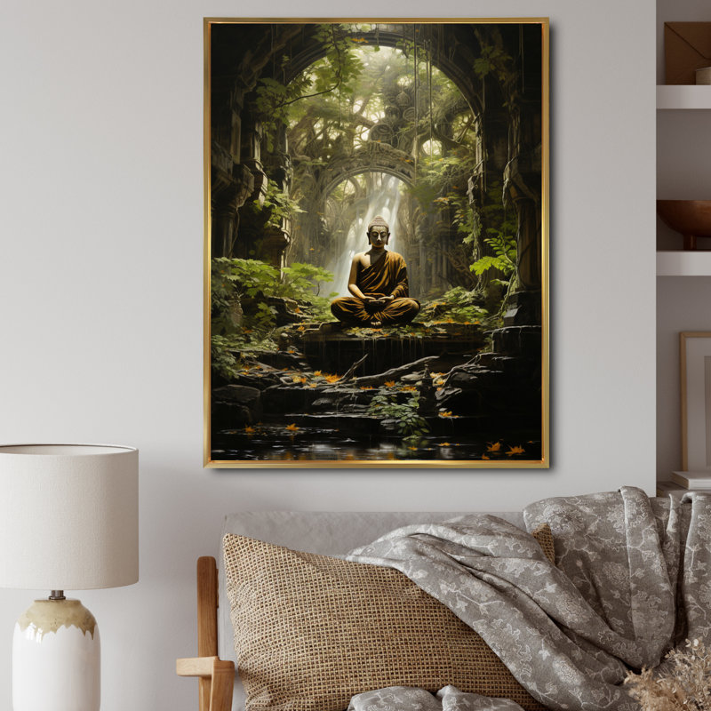 «Green Buddhist Art Buddhas Enlightenment» sur impression sur toile, L 16 po x H 32 po, Cadre flottant doré