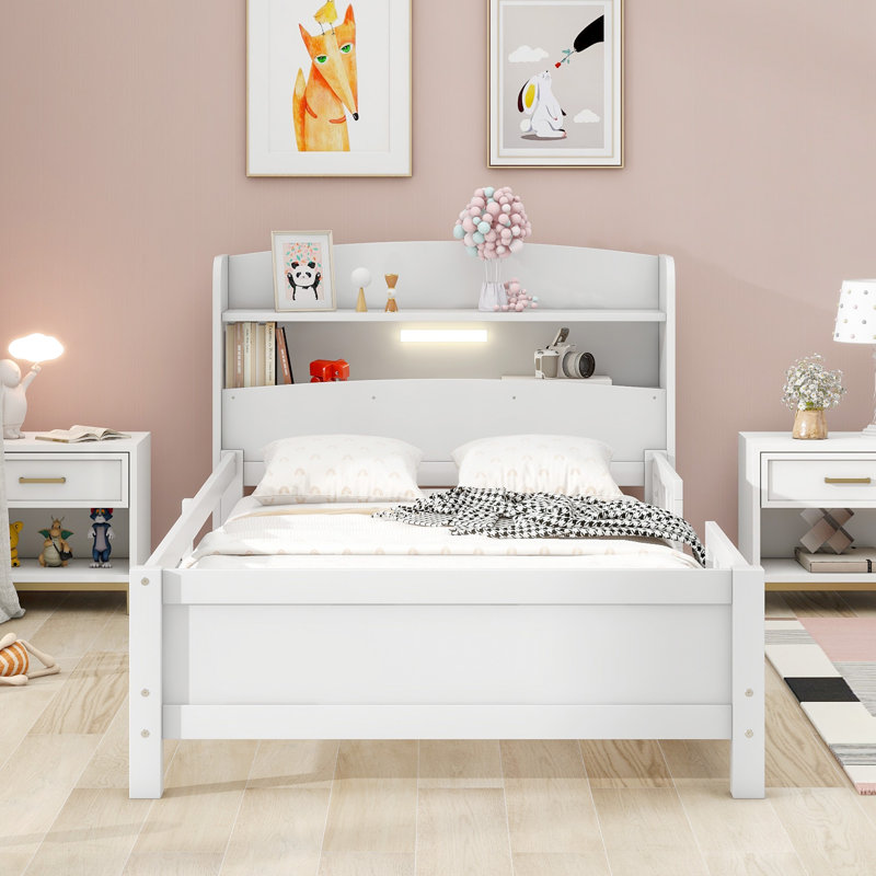 Lit plateforme simple en bois avec éclairage à DEL intégré, tête de lit avec rangement et garde-corps, Blanc