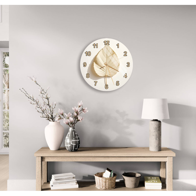 Tempered Glass Wall Clock with Leaf Design, Modern Minimalist Botanical Home Decor, Large Beige Circular Timepiece for Kitchen or Office