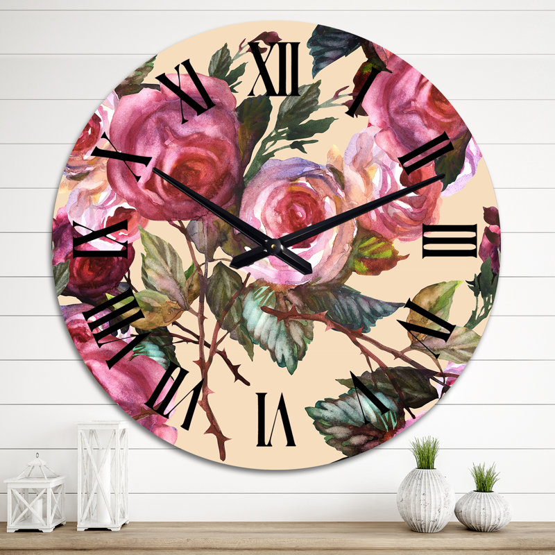 Horloge murale à motif roses roses sur fond jaune, Moyen