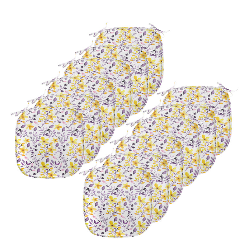 Flower Chair Seating Cushion Set Of 12, Pattern With Flowers And Leaves Ling Foliage Spring Rural Print, Seat Pads For Office With Anti-Slip Backing, 40 Cm X 40 Cm, Yellow Purple White