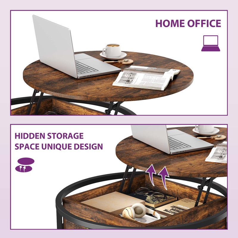 Rothwell 31.5"W Lift Top Extendable Round Frame Coffee Table with Storage, Deep Brown, Black