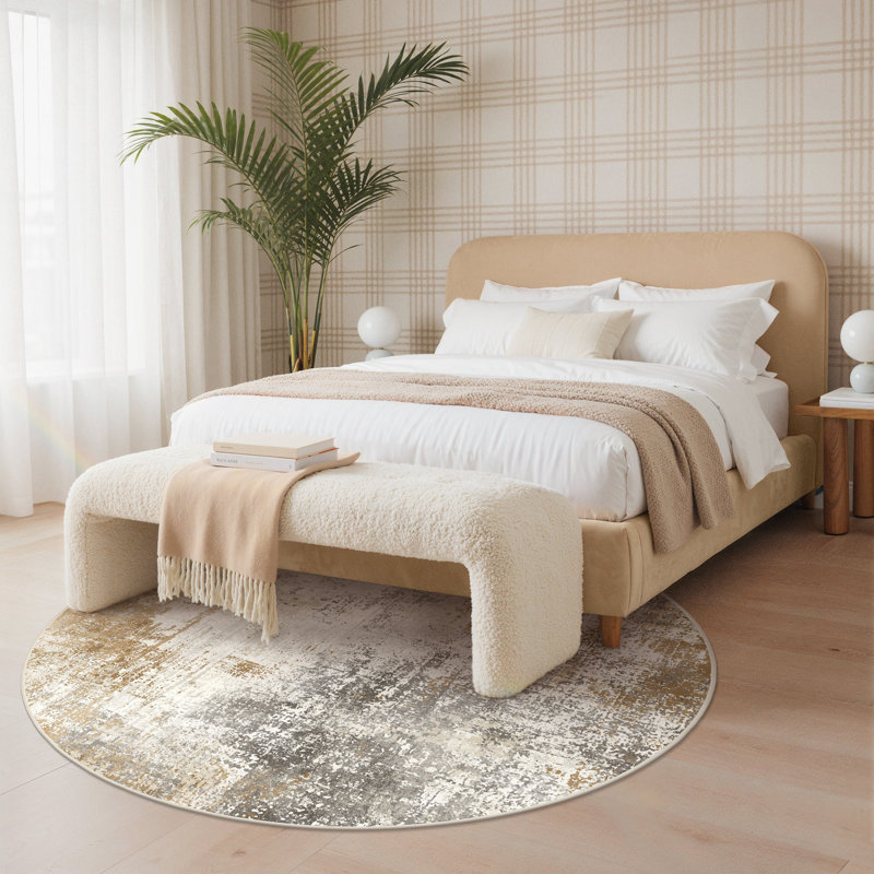 Washable Area Rug, Gold/Grey/Ivory, Round 160 cm