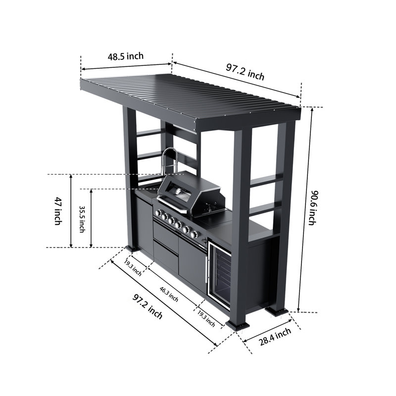 Cuisine extérieure en acier galvanisé avec barbecue et réfrigérateur en acier inoxydable, Black