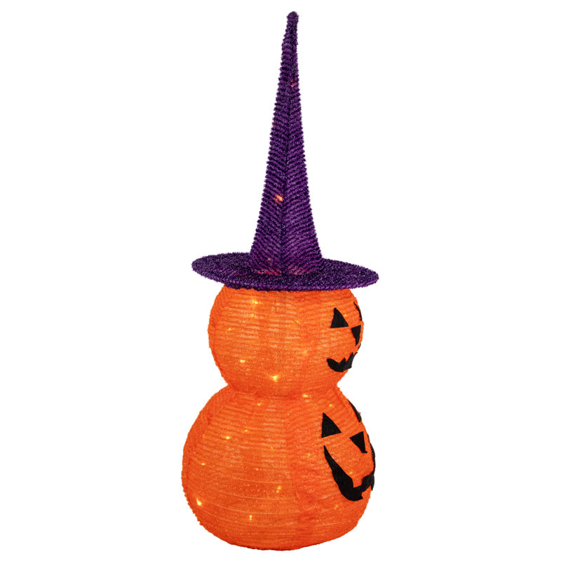 30" Pre-lit Stacked Jack-O-Lanterns with Purple Witch Hat