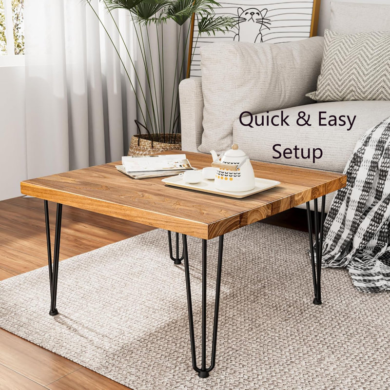 Rustic Elm Wood Square Coffee Table with Metal Hairpin Legs