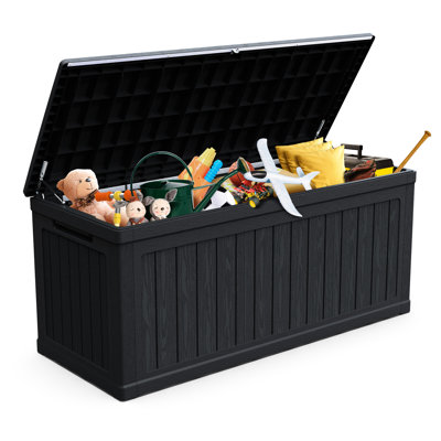 260 Gallon Waterproof Black Deck Box, Double - Construction For Long Term Outdoor Storage, Ideal Gardening Tools And Can Be An Extra Seating Wall Build Longevity, Good Pool Supplies A Bench