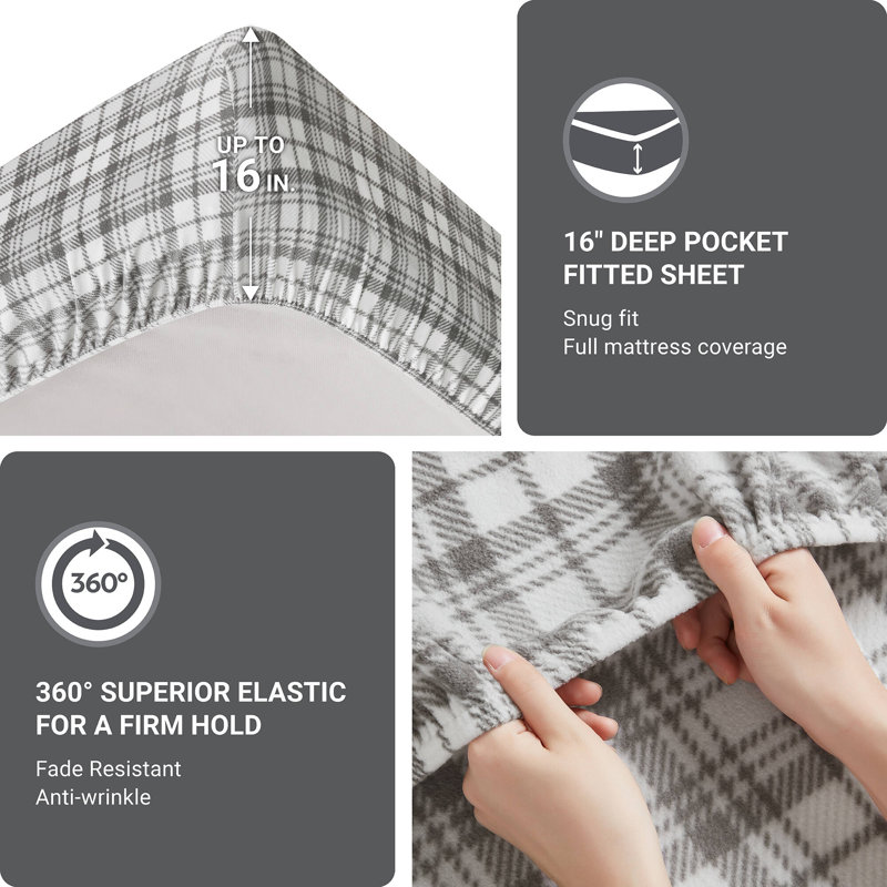 Micro Fleece Sheet Set, Queen Sheet Set with 2 Pillowcases, Gray Plaid
