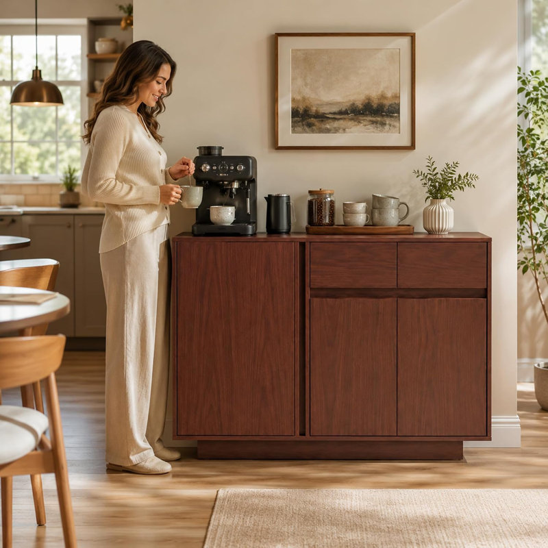 Buffet moderne 55 "avec portes et tiroirs, console de rangement en bois pour la cuisine de la salle à manger, crédence d'entrée avec tablettes ouvertes