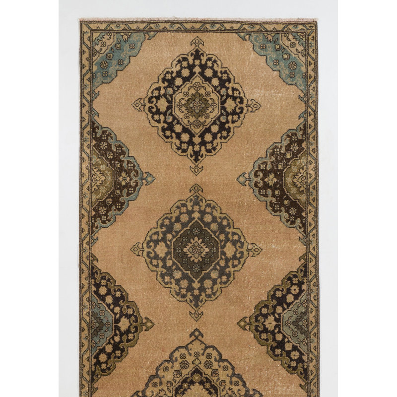 Chemin de table rétro Oushak. Tapis de couloir, tapis en laine fabriqué à la main en Turquie