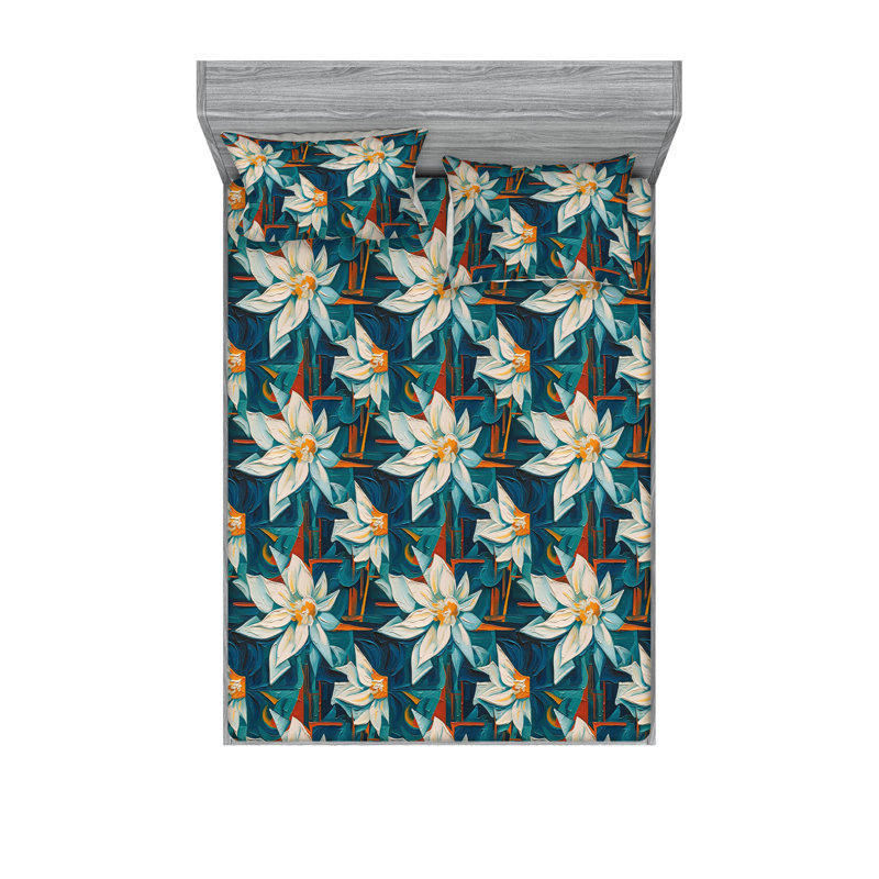 Drap-housse et taies décoratives 3 pièces Ambesonne, Bleu sarcelle foncé, orange brûlé / floral