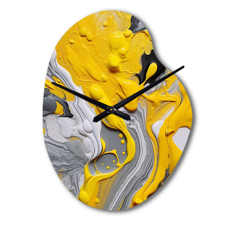 Jaune et gris Cosmic Vibations II - horloge murale asymétrique abstraite en métal, impression d'horloge murale de forme irrégulière jaune