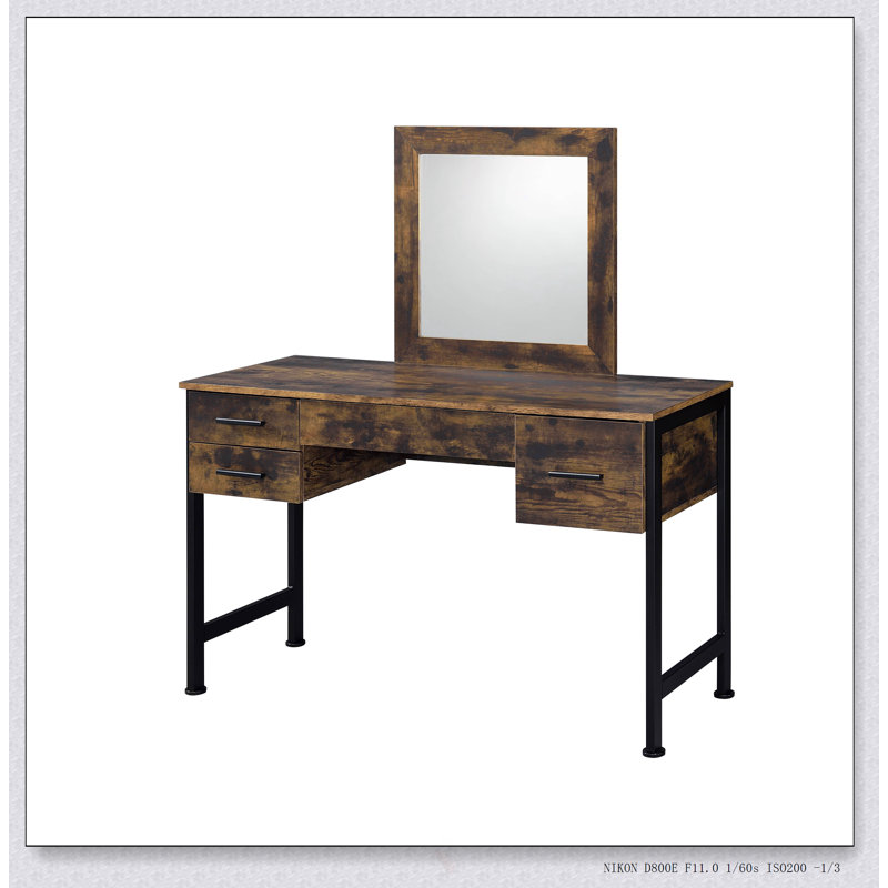 Juvanth Rustic Oak & Black Finish Vanity Desk With Mirror, Ample Storage And Modern Elegance For Organized Living.