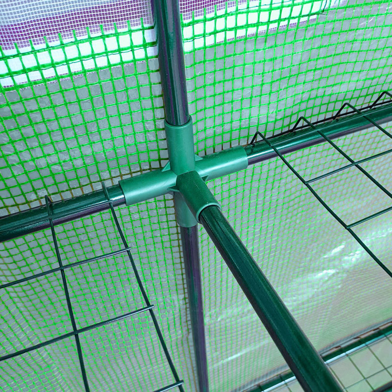 Walk-In Lean to Wall Greenhouse, Outdoor Green House with 3 Tiers 4 Wired Shelves, 200L x 100W x 215Hcm, Green, White