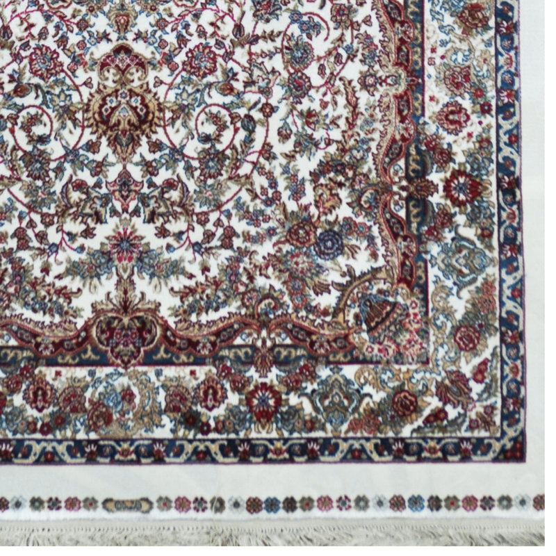 Tapis décoratif en soie de conception unique noué à la main Kashmiri Ivoire 2 pi 6 po x 4 pi amorra