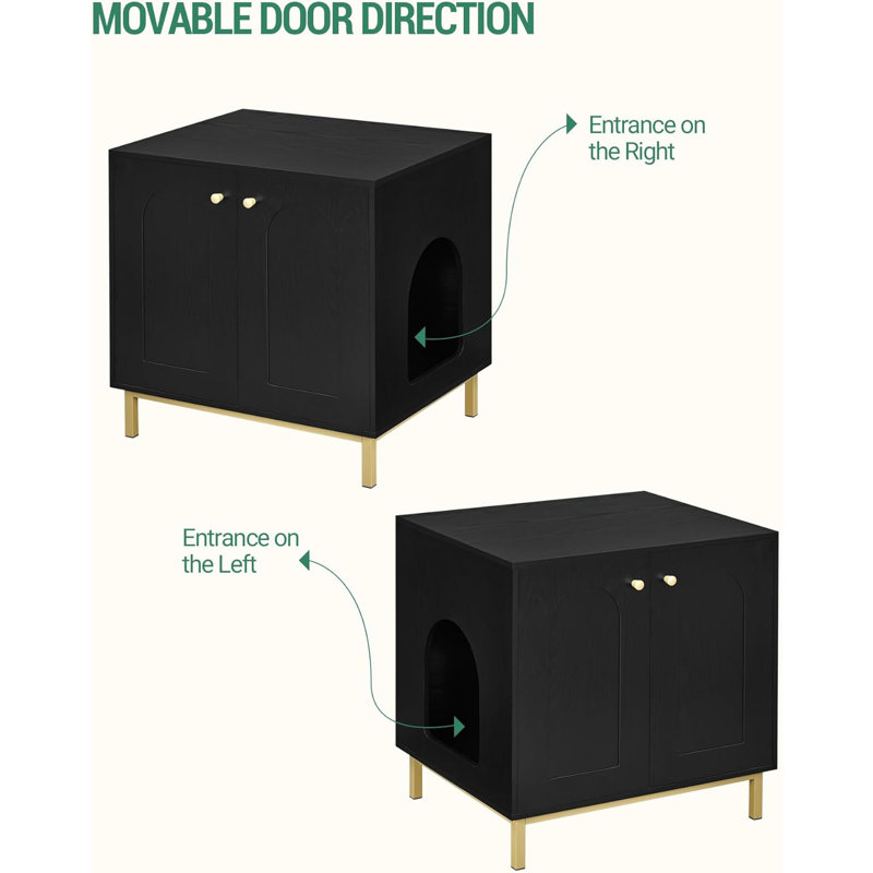 Black and Gold Wooden Cat Litter Box Enclosure with Metal Frame