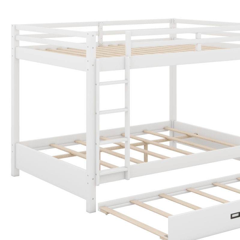 Queen Bunk Bed With Trundle, Heavy Duty Bunk Beds Frame With Ladder And Full Length Guardrail, White