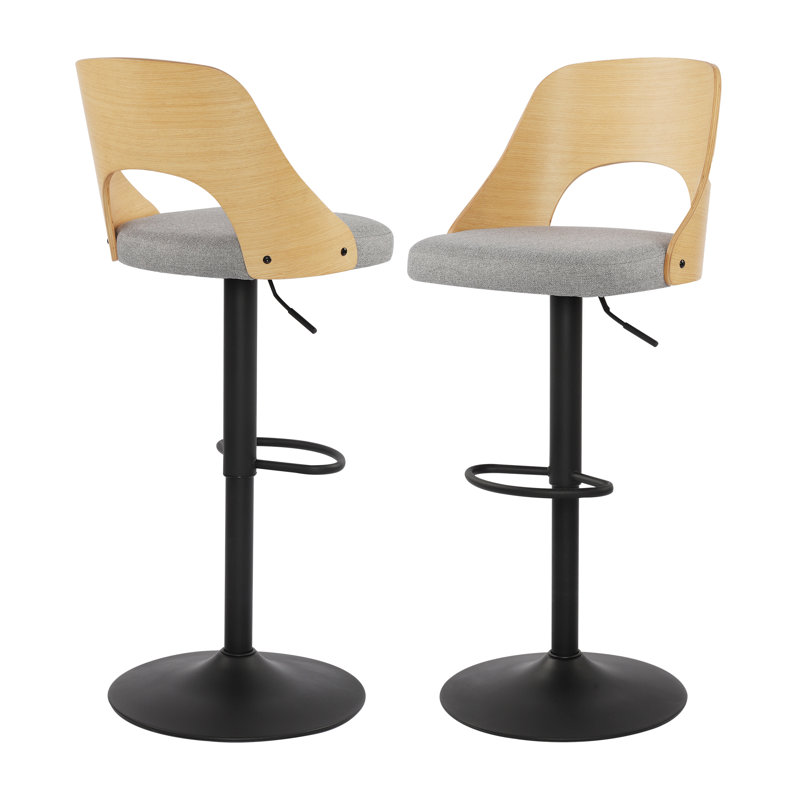 Beech Wood Middle Back Bar Stools Height Adjustable Bar Chairs With Footrest, Set Of 2, Beige