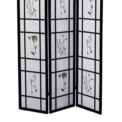 Paravent 70 po pour 3 écrans - noir, style asiatique traditionnel, pin massif, panneaux à imprimé floral, paravent pliant, motif asiatique, pliable à imprimé floral