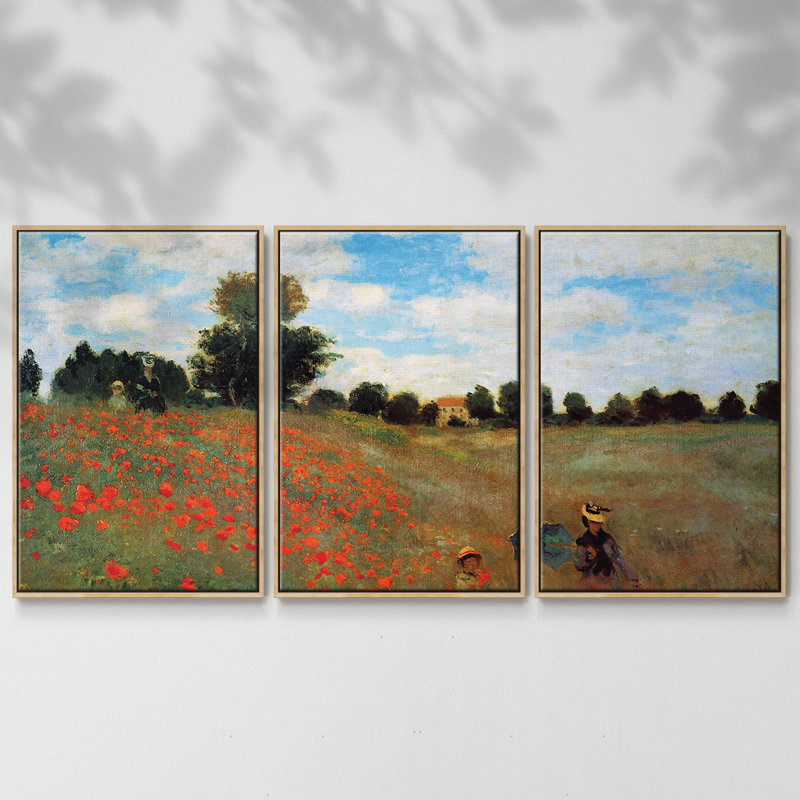 Les Coqueliquots, reproduction sur toile 3 pièces, Encadré naturel, H 36 po x l 75 po x P 2 po