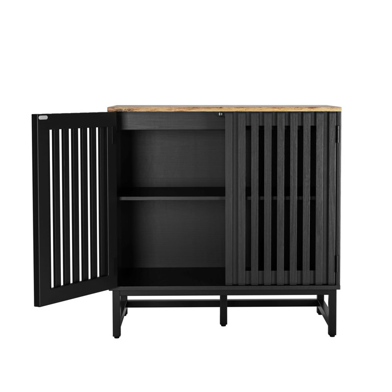 Armoire décorative avec panneau à lattes rayé et porte à lattes en bois aggloméré moderne de haute qualité et pieds en métal