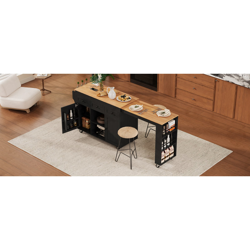 85.5" Kitchen Island With Extendable Dining Table, Kitchen Storage Table With 3 Side Open Shelves, Rolling Kitchen Island With Power Outlet, 3 Drawers, 2 Doors, For Kitchen, Dining Room, Black