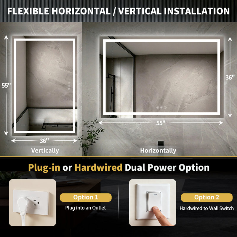 55" X 36" LED Bathroom Mirror With Dimmable Light Anti-Fog Lighted Vanity Mirror With 3 Color Modes, IP44 Waterproof Horizontal/Vertical Mount