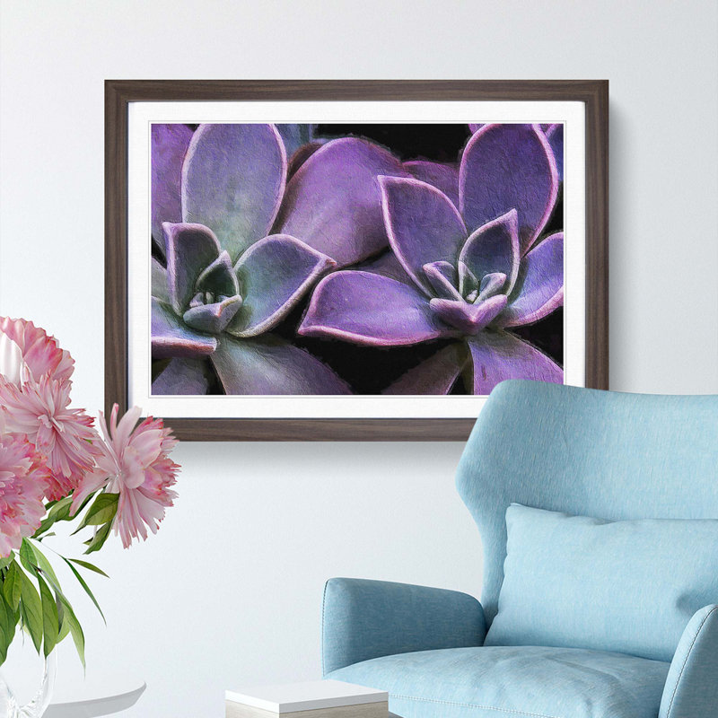 Lilac & Green Succulent Plant - Picture Frame Painting Print, Walnut Framed, 27cm H x 36cm W x 2cm D