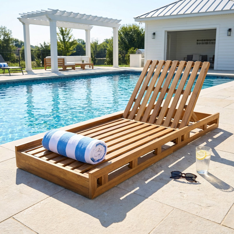 Adjustable Solid Wood Outdoor Lounge Chair with Reclining Back and Slatted Design