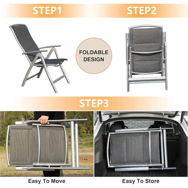 Ensemble de 2 chaises de patio pliantes, chaises de patio inclinables d'extérieur à cadre en aluminium pour le jardin, le camping, la plage, la terrasse, chaises de jardin réglables à dossier haut avec siège rembourré en coton doux, gris foncé, chaise