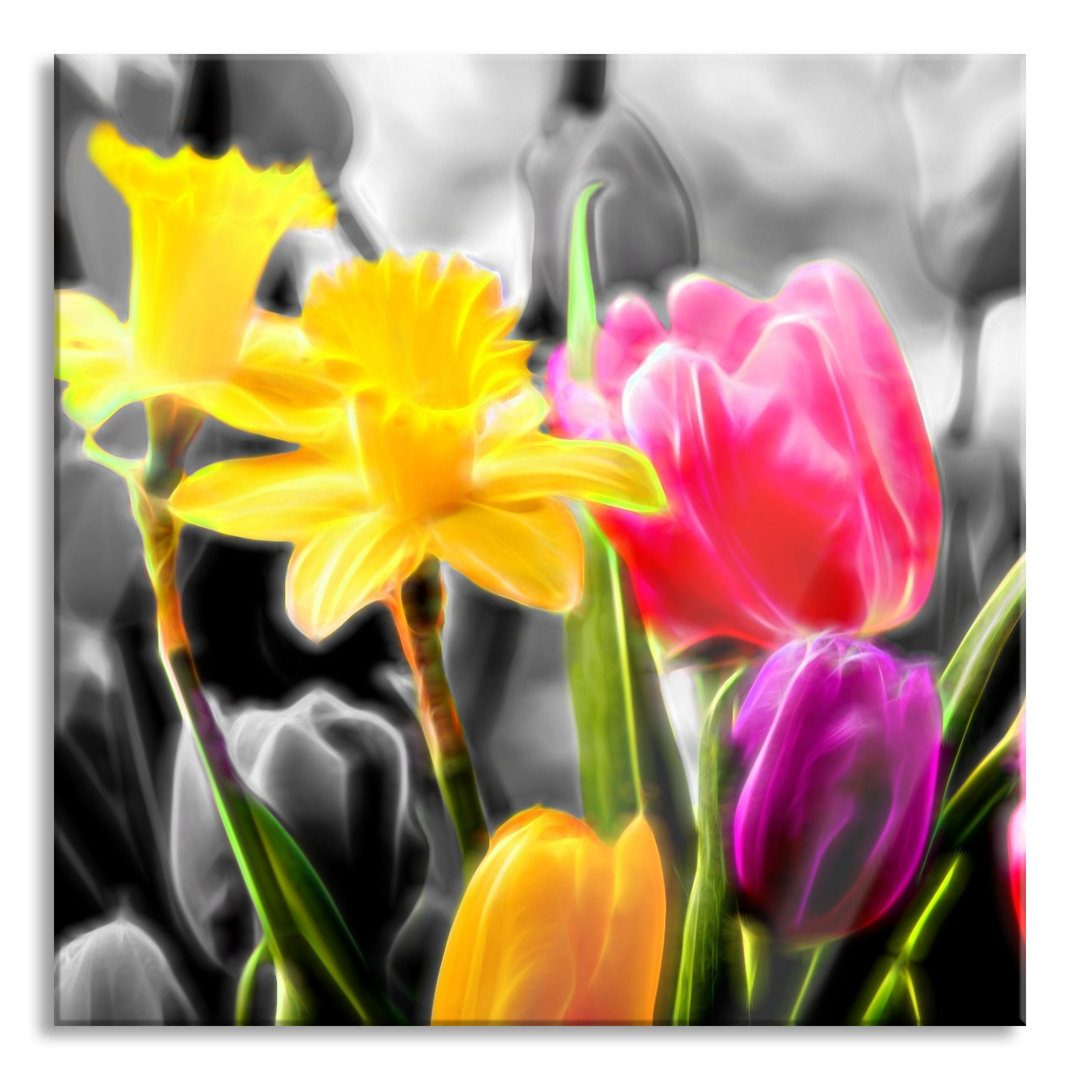 Glasbild Narzissen und Tulpen