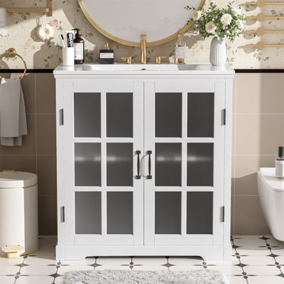 Meuble-lavabo moderne de 30 po avec lavabo en céramique, meuble-lavabo avec verre trempé et poignées noir mat, équipé d'un grand espace de rangement et d'un cadre en bois d'hévéa