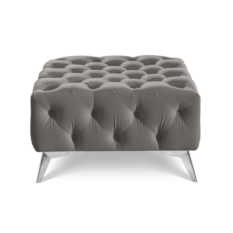 Whitby 80cm Wide Velvet Tufted Square No Pattern Footstool Ottoman, Chrome, Grey