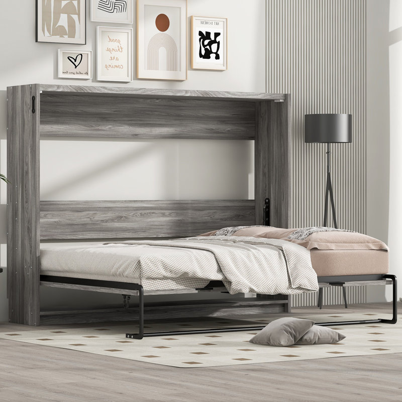 Lit escamotable double avec armoire pliable - Lit gris peu encombrant