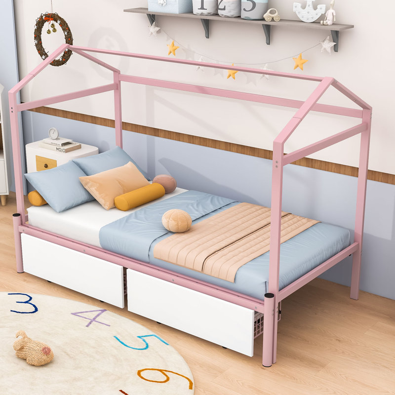 Atice Twin XL to King Size Platform Bed with 2 Drawers, Pink